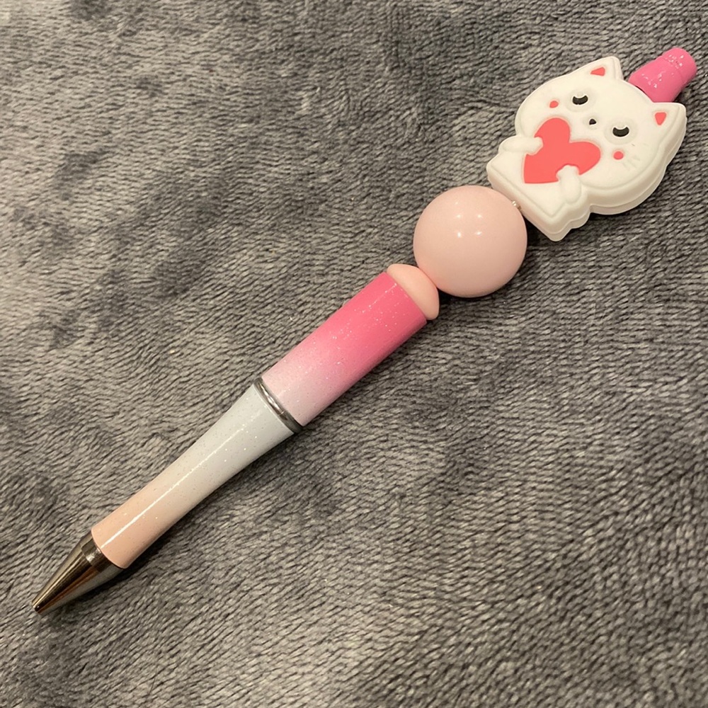 Cute White Cat Kitten w/Heart  Pink/White Ombre Glitter pe